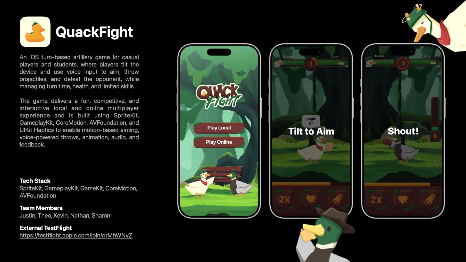 QuackFight project one-pager showing gameplay, motion aiming, voice input, technology stack, and team credits